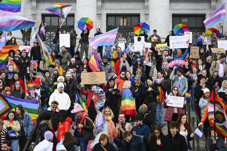 A crowd gathers during a LBGTQ+ rights protest at the Utah State Capitol on the last day of the legislative session, Friday, March 7, 2025. (Photo by Alex Goodlett for Utah News Dispatch)