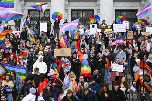 A crowd gathers during a LBGTQ+ rights protest at the Utah State Capitol on the last day of the legislative session, Friday, March 7, 2025. (Photo by Alex Goodlett for Utah News Dispatch)