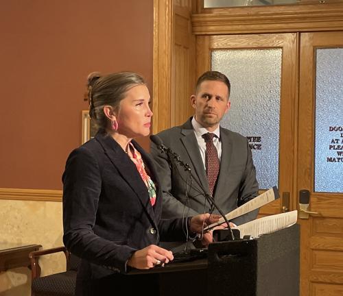 Salt Lake City Mayor Erin Mendenhall names Brian Redd the new chief of the Salt Lake City Police Department at a news conference on Thursday, Feb. 20, 2025. (Vanessa Hudson/Utah News Dispatch)