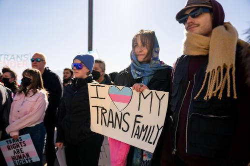 People rally in support of transgender rights at the Capitol in Salt Lake City on the first day of the legislative session, Tuesday, Jan. 21, 2025. (Photo by Spenser Heaps for Utah News Dispatch)