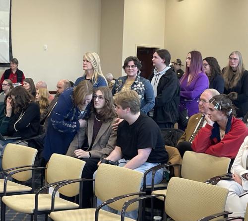 McKinsey Robertson hugs her daughter, Marcie Robertson, who testified against HB269, Thursday, Jan. 30, 2025. (Photo by Vanessa Hudson for Utah News Dispatch)