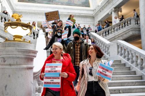 People rally in support of transgender rights at the Capitol in Salt Lake City on the first day of the legislative session, Tuesday, Jan. 21, 2025. (Photo by Spenser Heaps for Utah News Dispatch)