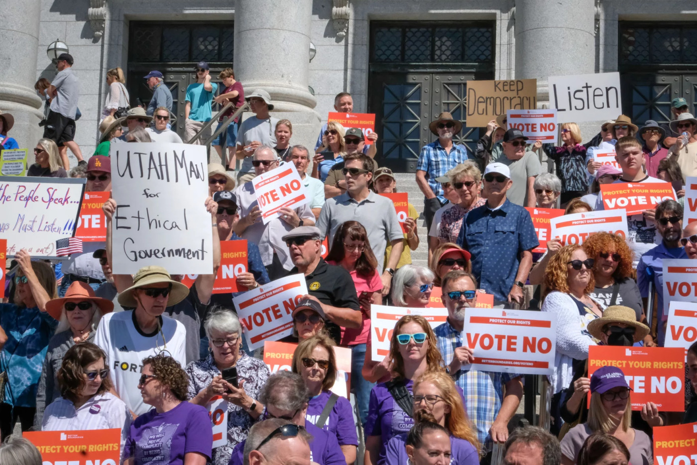 Protesters rally on the steps of the Utah State Capitol in Salt Lake City in opposition to a constitutional amendment that would give lawmakers more power over ballot initiatives, Aug. 26, 2024.