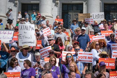 Protesters rally on the steps of the Utah State Capitol in Salt Lake City in opposition to a constitutional amendment that would give lawmakers more power over ballot initiatives, Aug. 26, 2024.