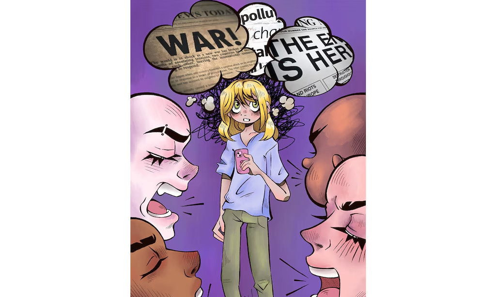 “While knowing what’s going on nationally is important, it’s also impossible to ignore the uncertain, helpless feeling that comes with staying informed,” writes Naomi Parnell in an op-ed. “Sometimes it feels like a pebble settling into the bottom of your stomach, other times it feels like a tornado in your mind.” (Illustration by Red Gunn | The Highland Rambler)